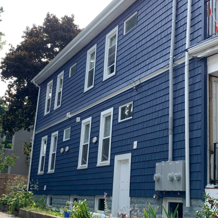 A blue house with white-trimmed windows and a side door, surrounded by lush green plants.